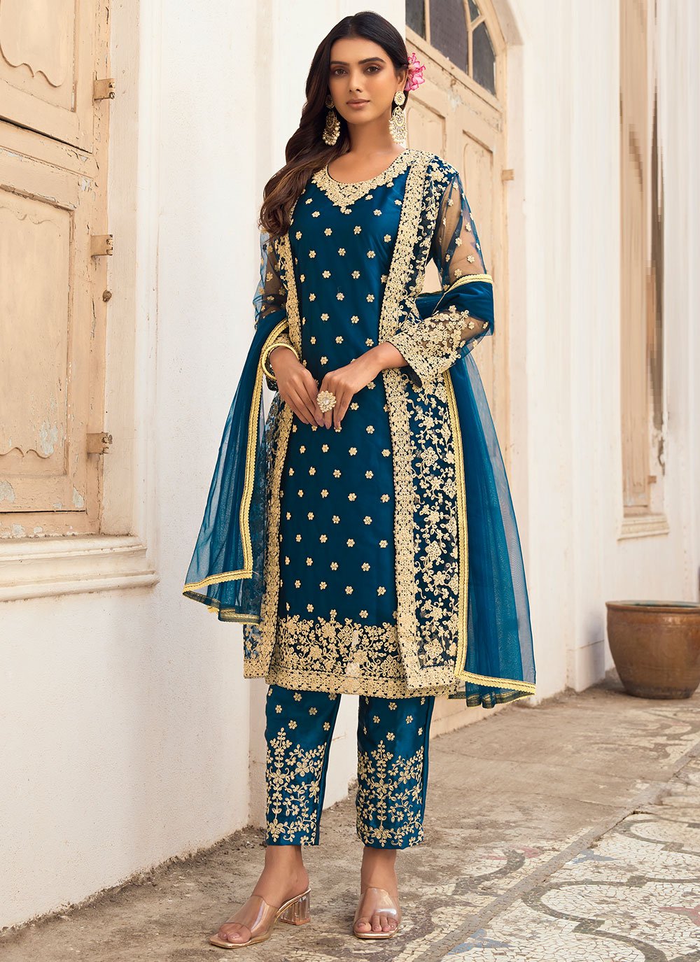 Jacket Style Suit Net Turquoise Embroidered Salwar Kameez – Kajols