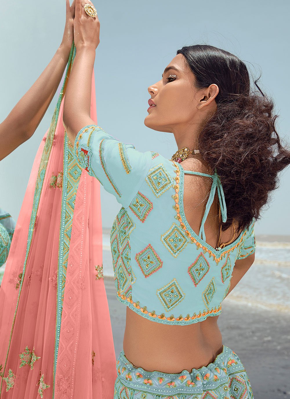Lehenga Choli Georgette Turquoise Dori Work Lehenga Choli
