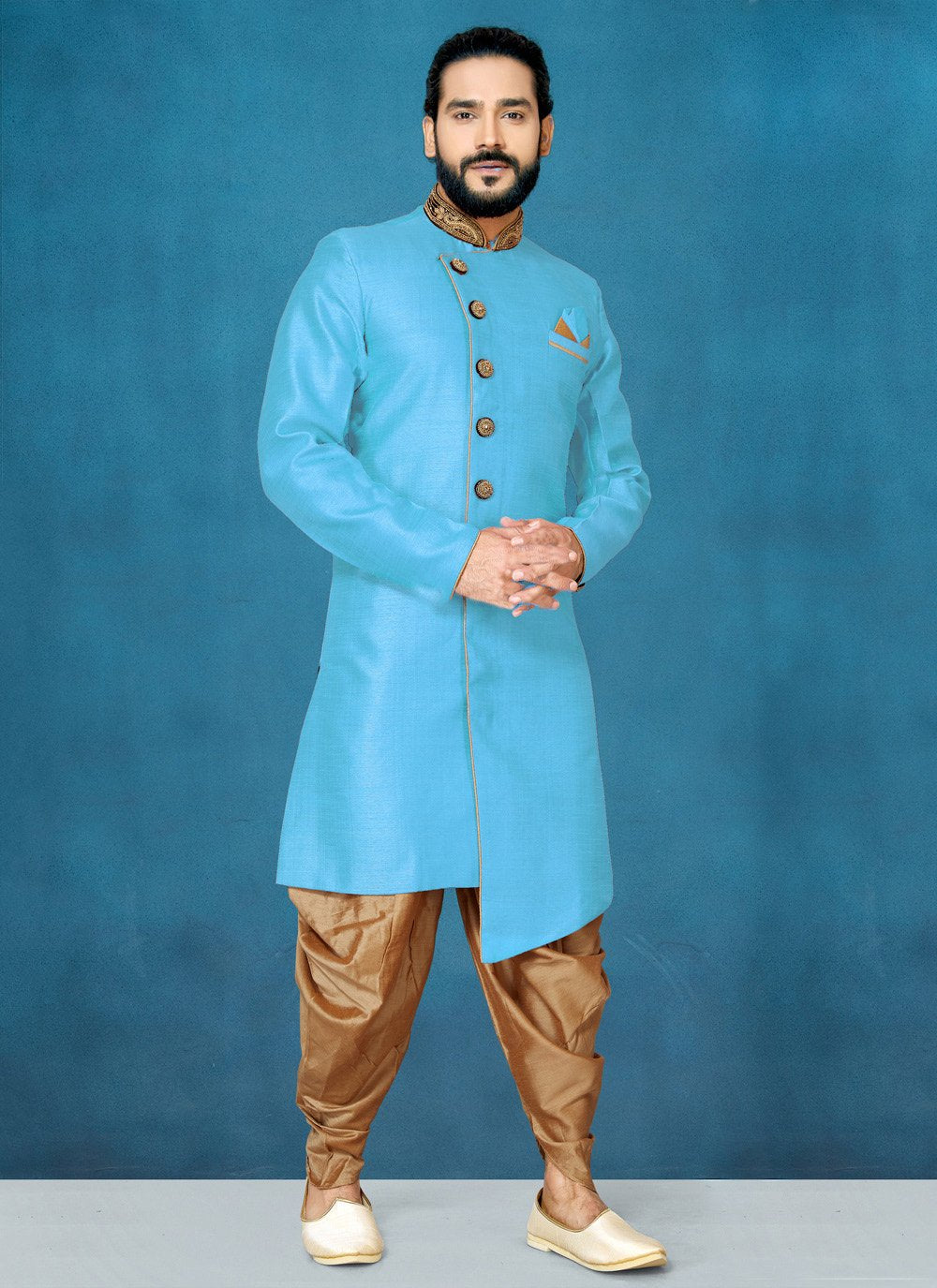 Indo Western Art Dupion Silk Turquoise Buttons Mens