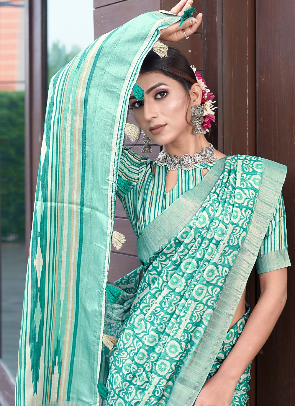 Designer Banarasi Silk Turquoise Digital Print Saree