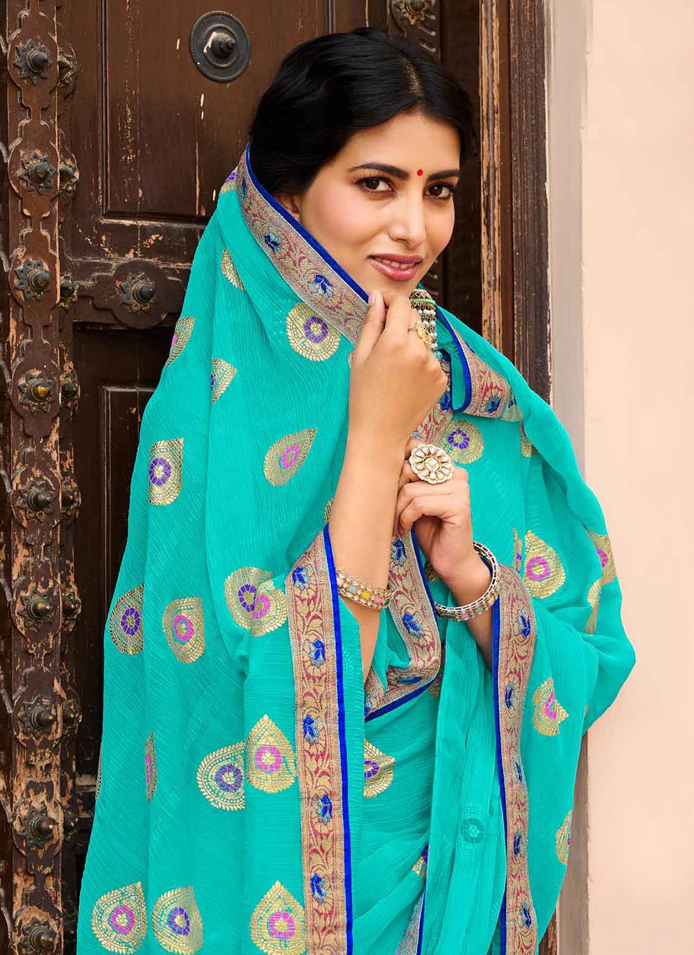 Classic Chiffon Turquoise Foil Print Saree