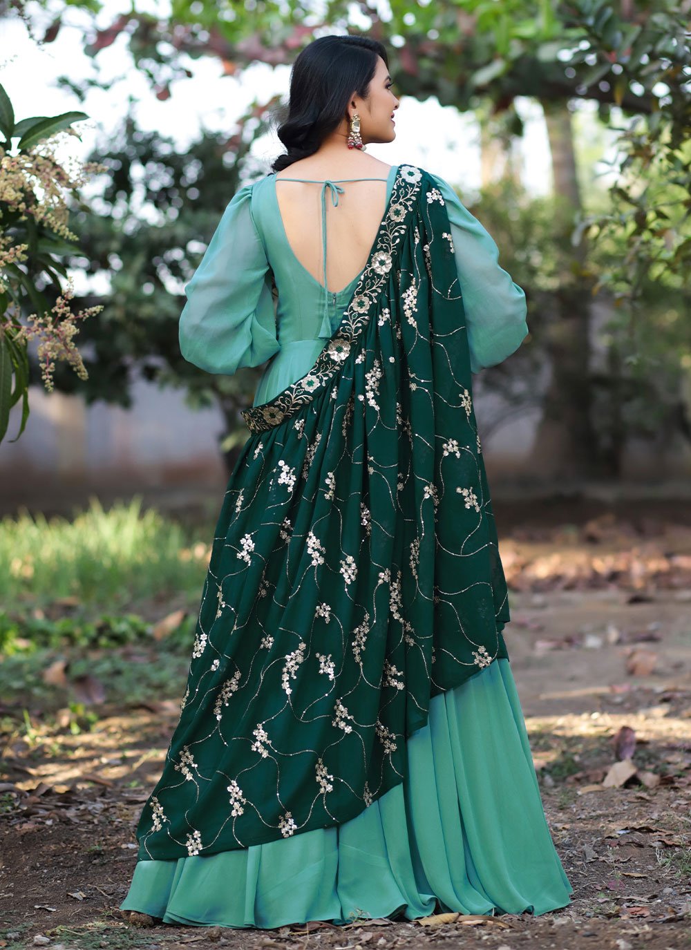 Gown Georgette Turquoise Embroidered Gown