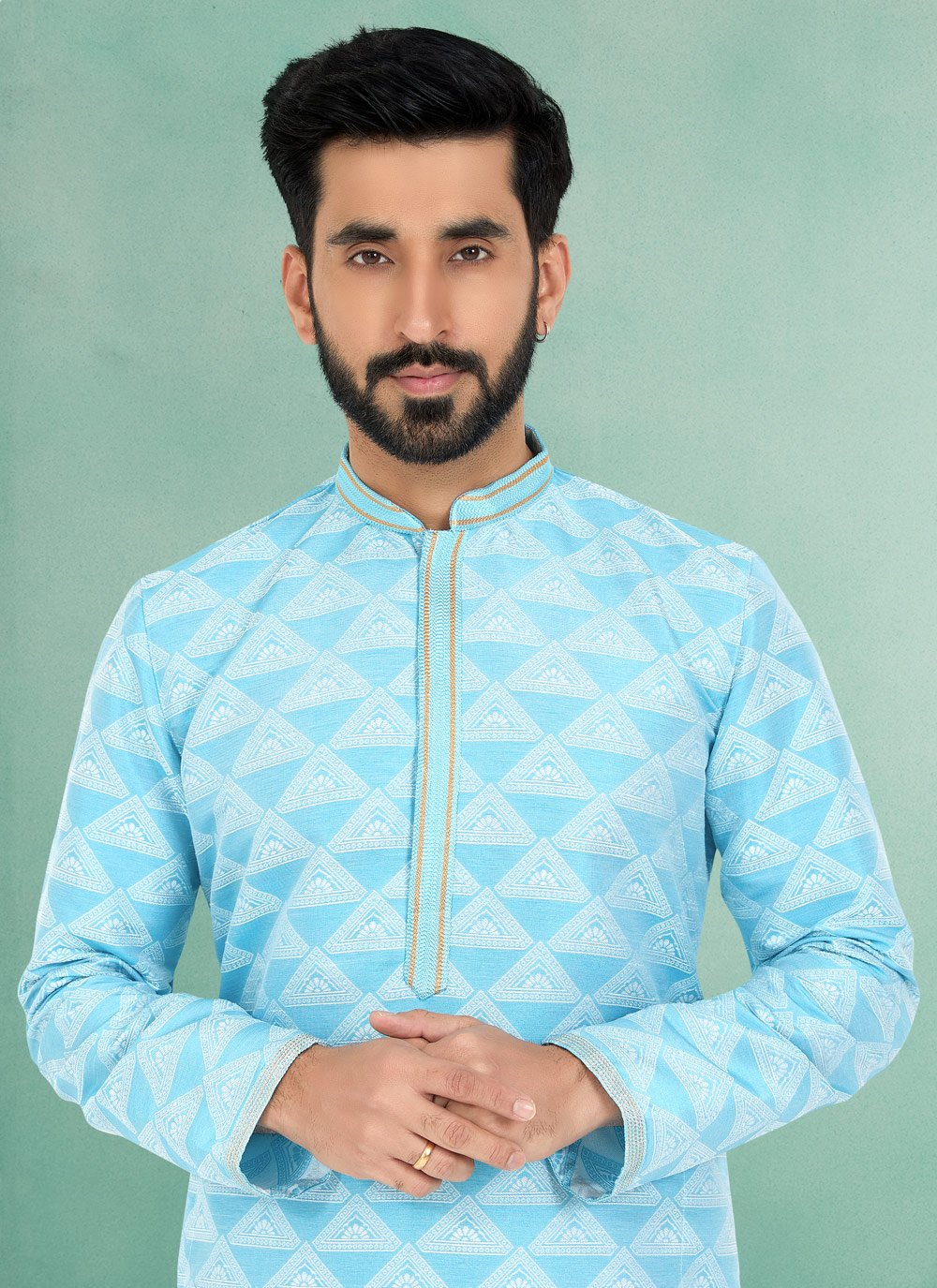 Kurta Pyjama Jacquard Silk Turquoise Jacquard Work Mens