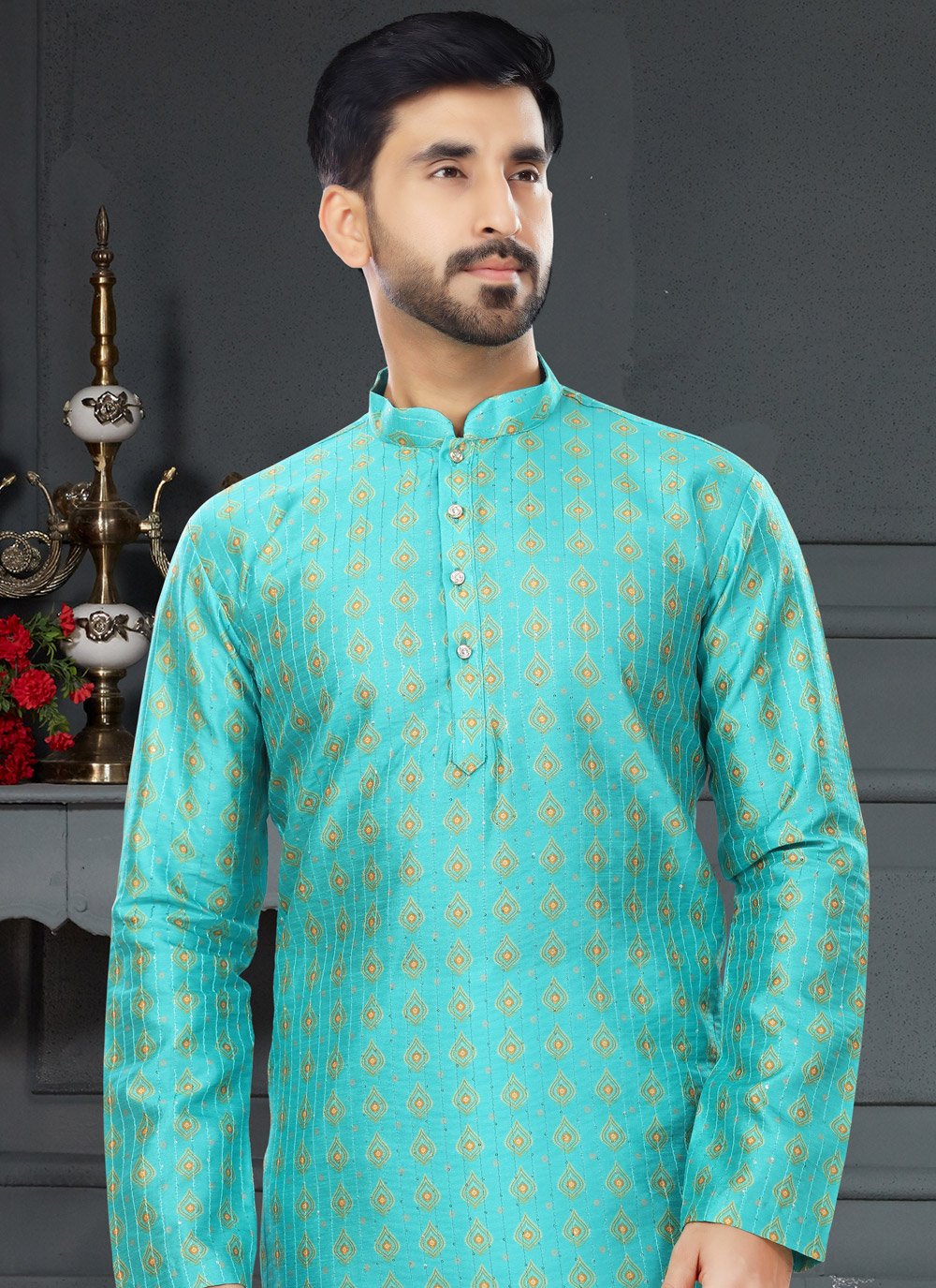 Kurta Pyjama Silk Turquoise Digital Print Mens