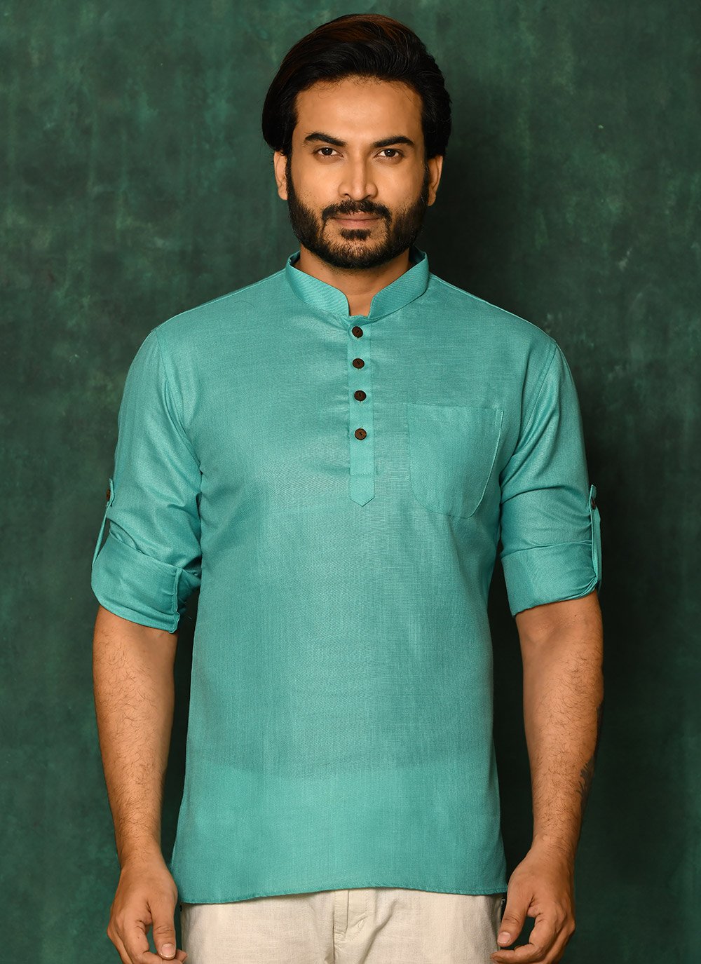 Short Kurta Cotton Turquoise Plain Mens