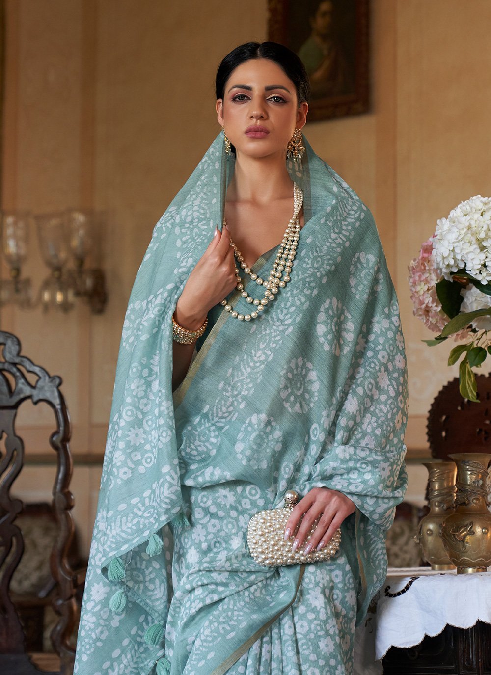 Contemporary Cotton Turquoise Print Saree