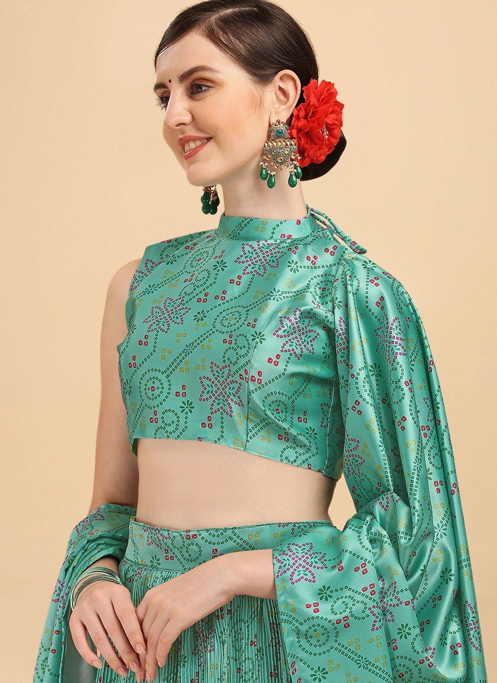 A Line Lehenga Satin Turquoise Digital Print Lehenga Choli