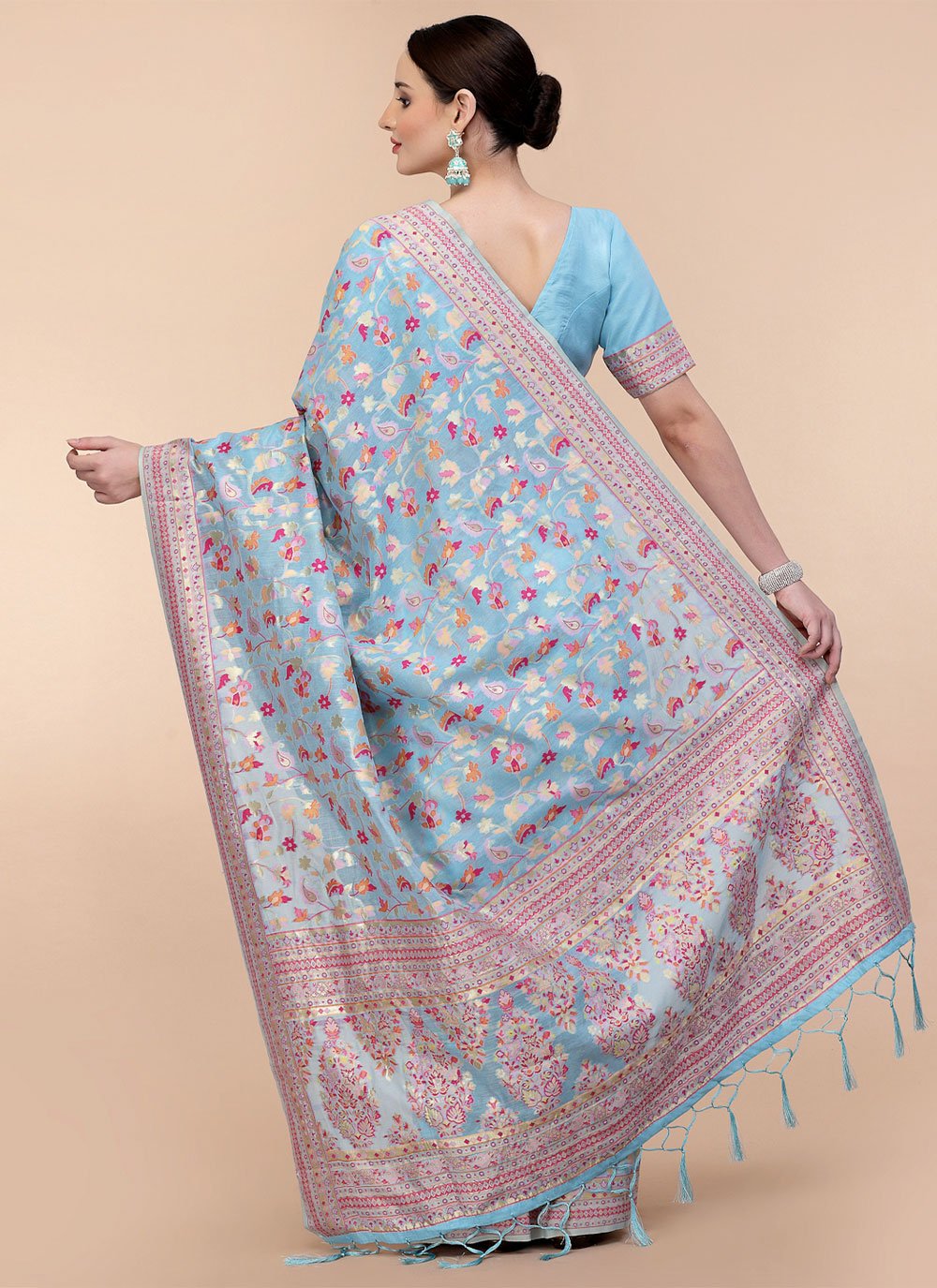 Contemporary Silk Blend Turquoise Woven Saree