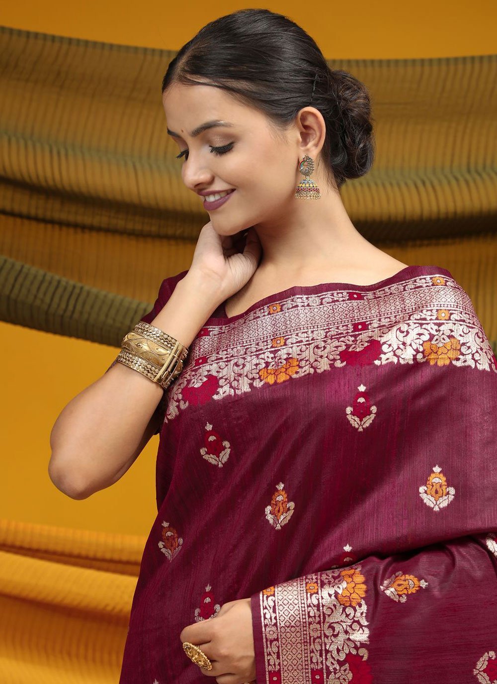 Contemporary Tussar Silk Wine Meena Saree