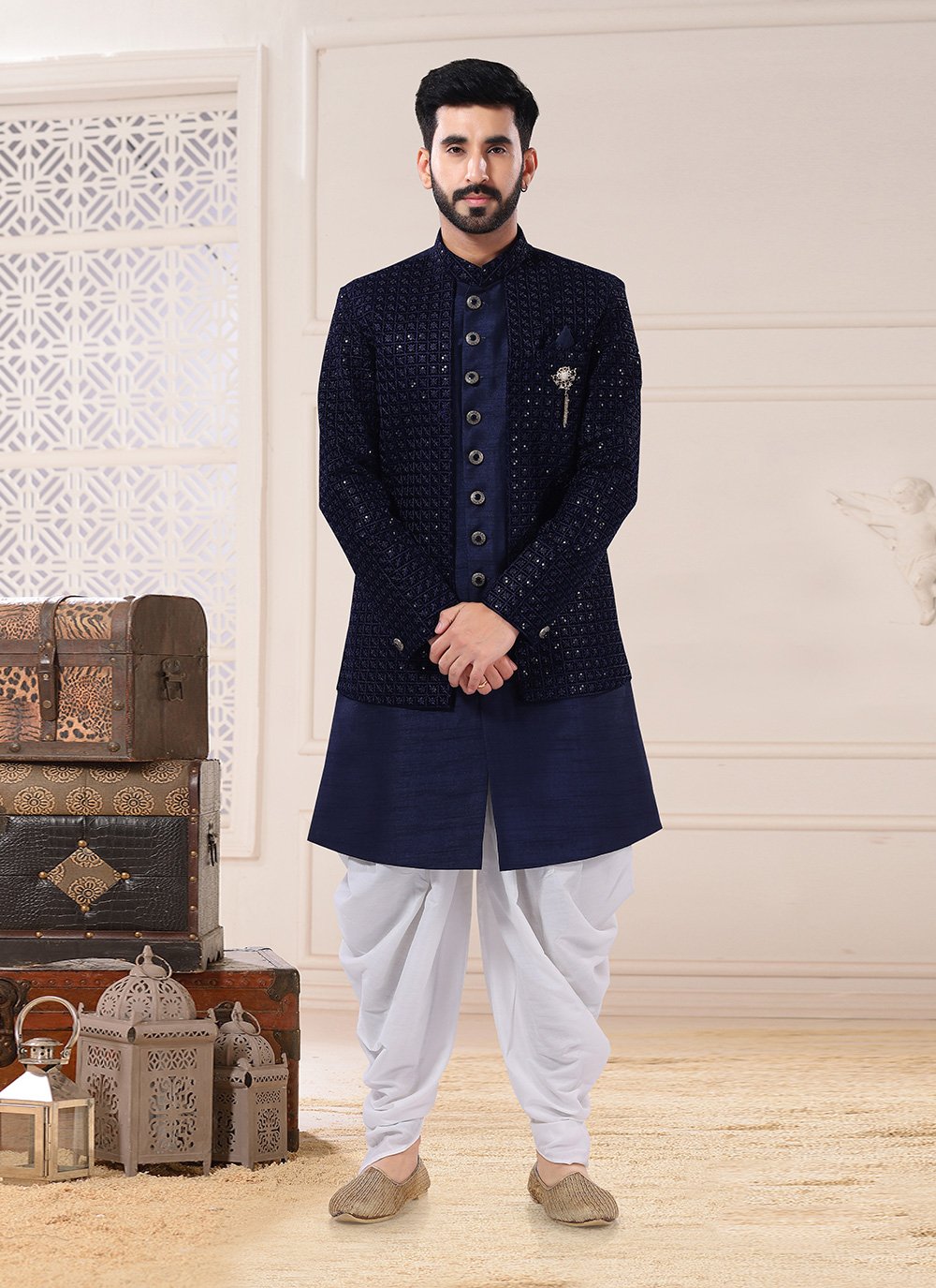 Indo Western Sherwani Silk Velvet Blue Embroidered Mens