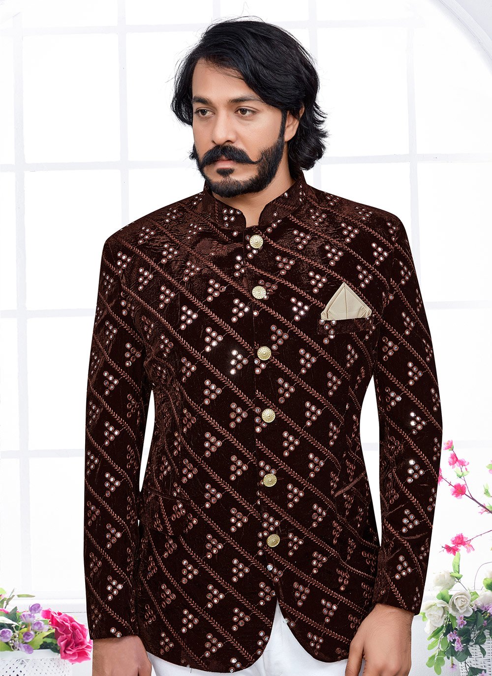 Jodhpuri Suit Velvet Brown Embroidered Mens