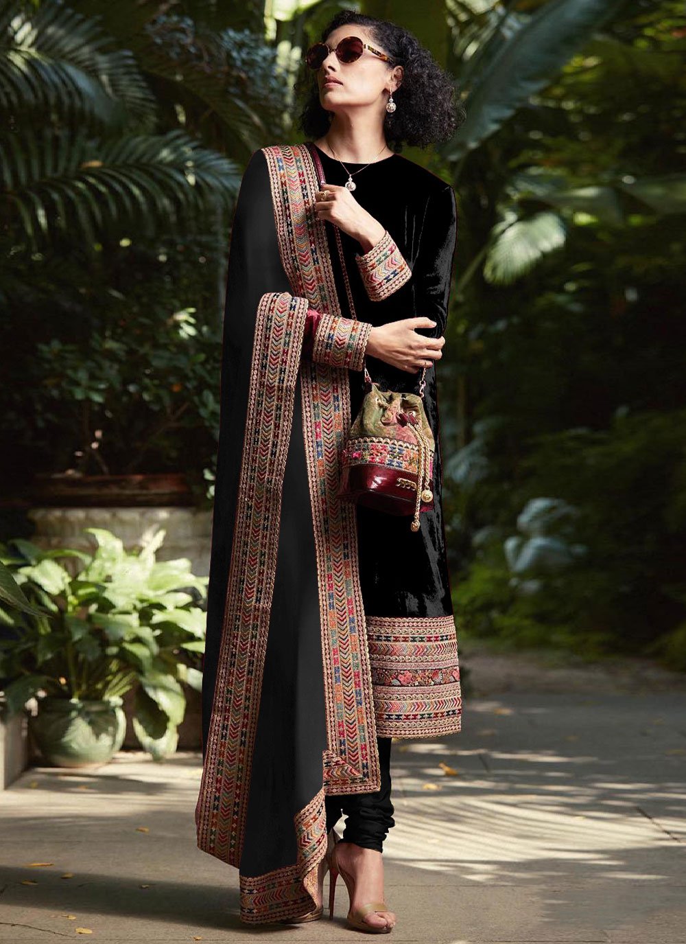 Churidar Suit Velvet Black Embroidered Salwar Kameez – Kajols