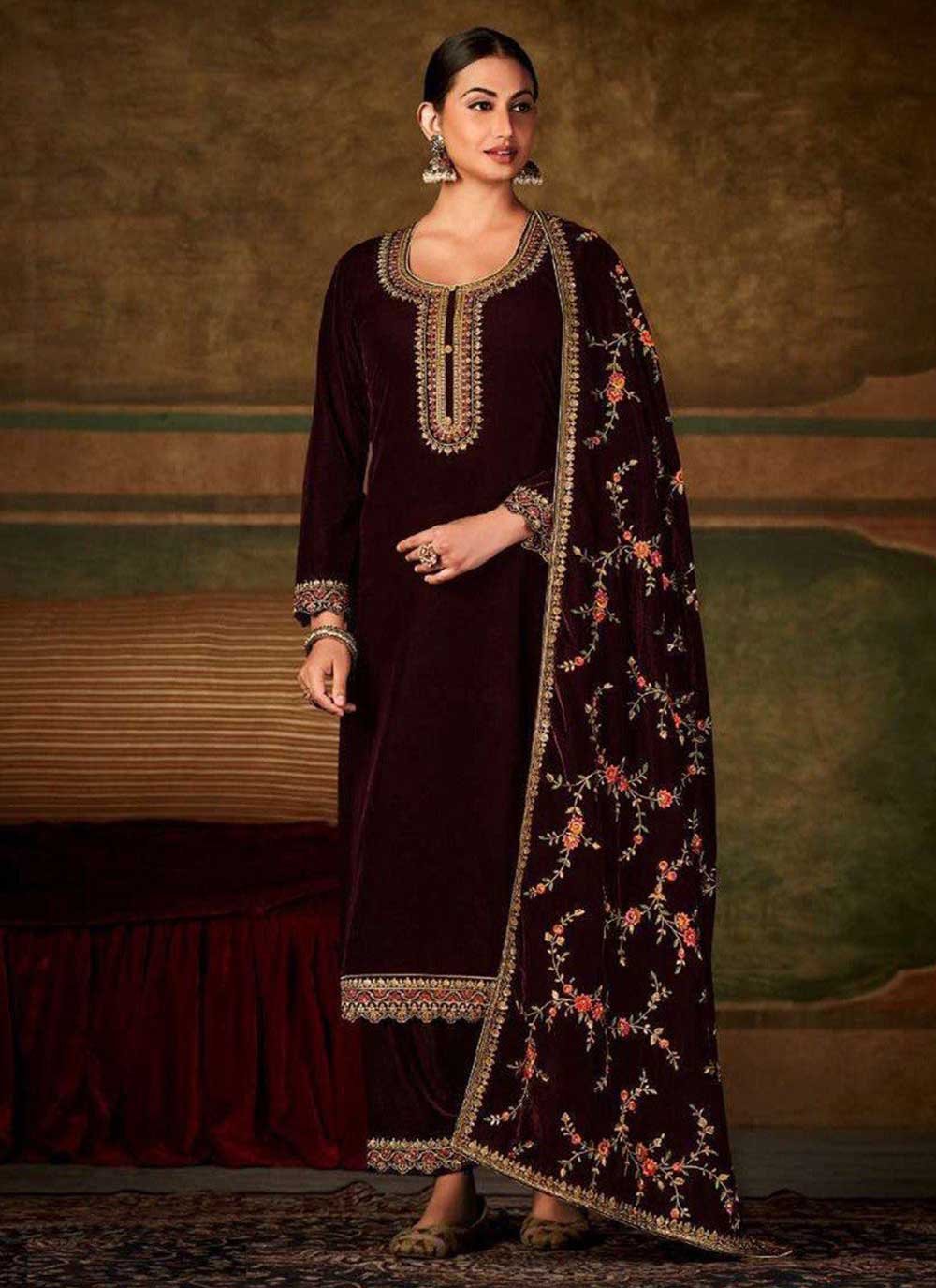 Palazzo Salwar Suit Velvet Maroon Embroidered Salwar Kameez