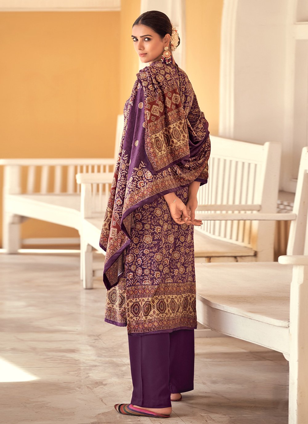 Palazzo Salwar Suit Velvet Purple Digital Print Salwar Kameez