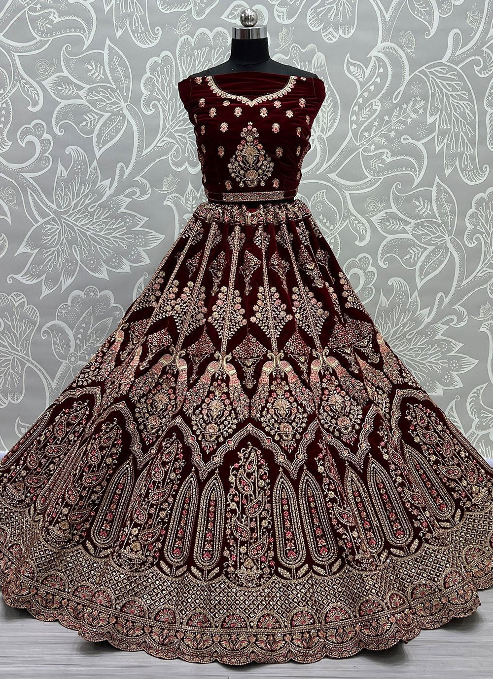 Lehenga Choli Velvet Maroon Dori Work Lehenga Choli