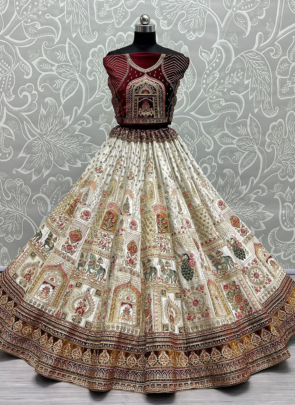 Lehenga Choli Velvet Off White Diamond Lehenga Choli