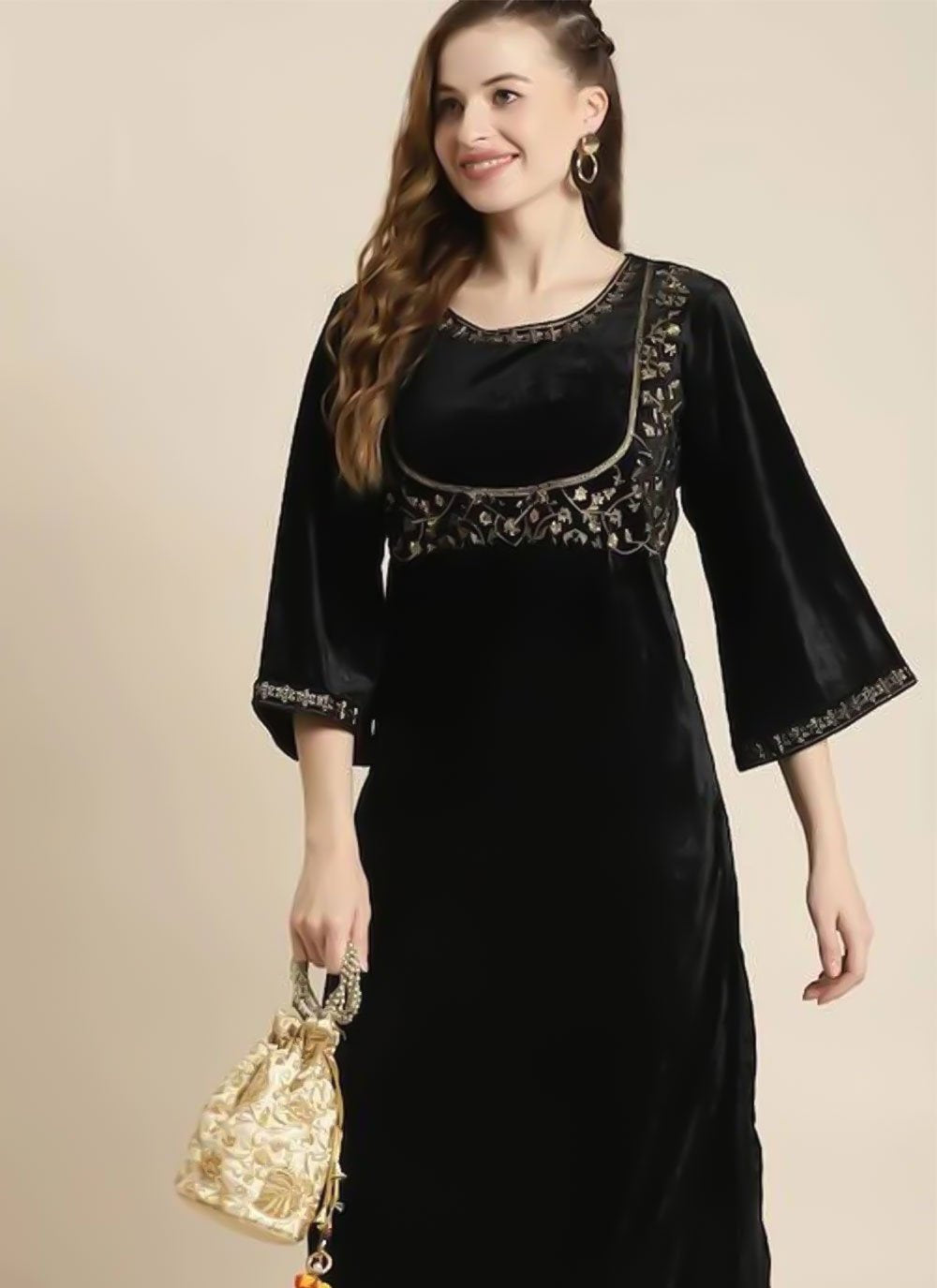 Casual Kurti Velvet Black Embroidered Kurtis