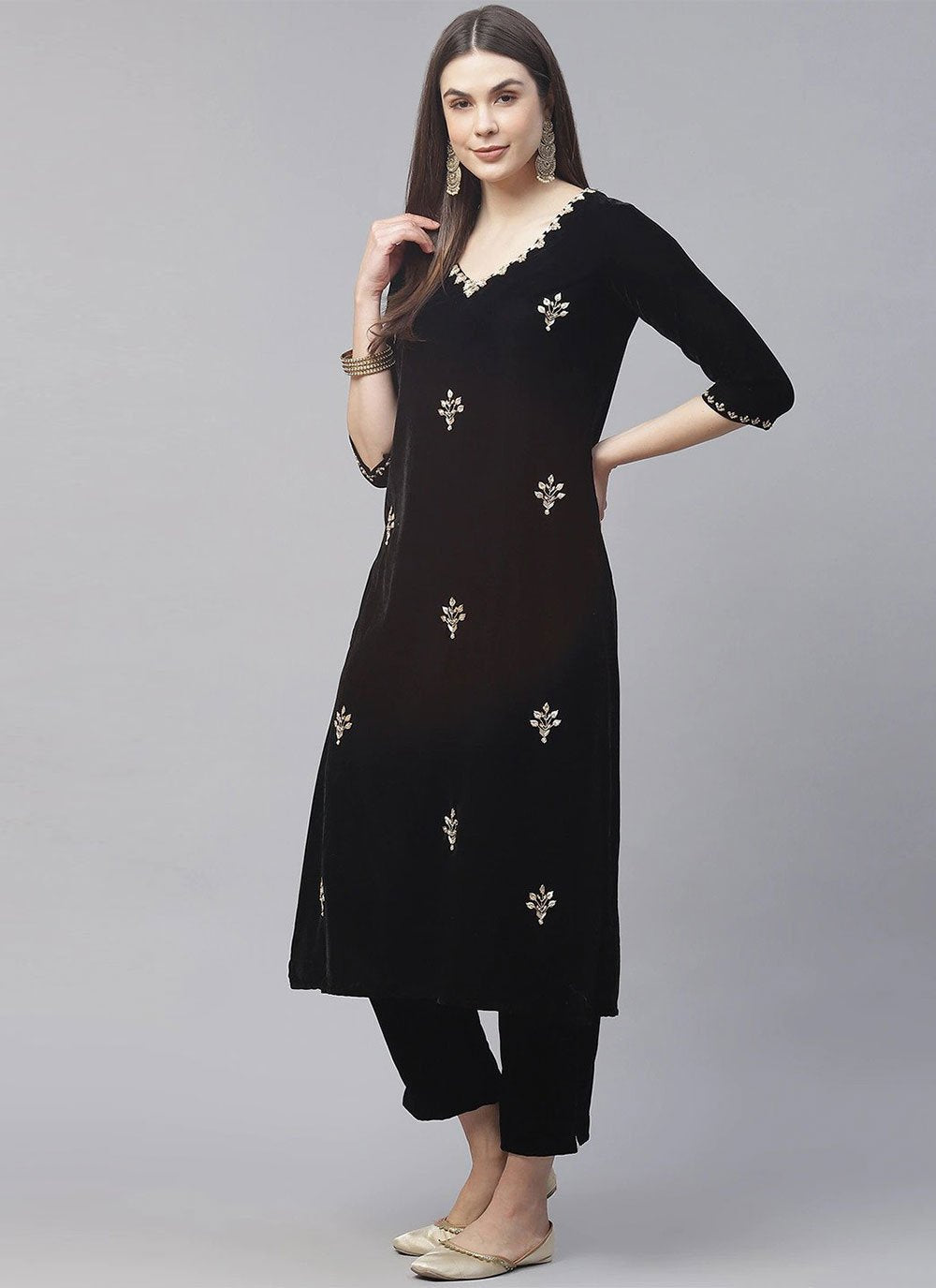 Designer Kurti Velvet Black Embroidered Kurtis