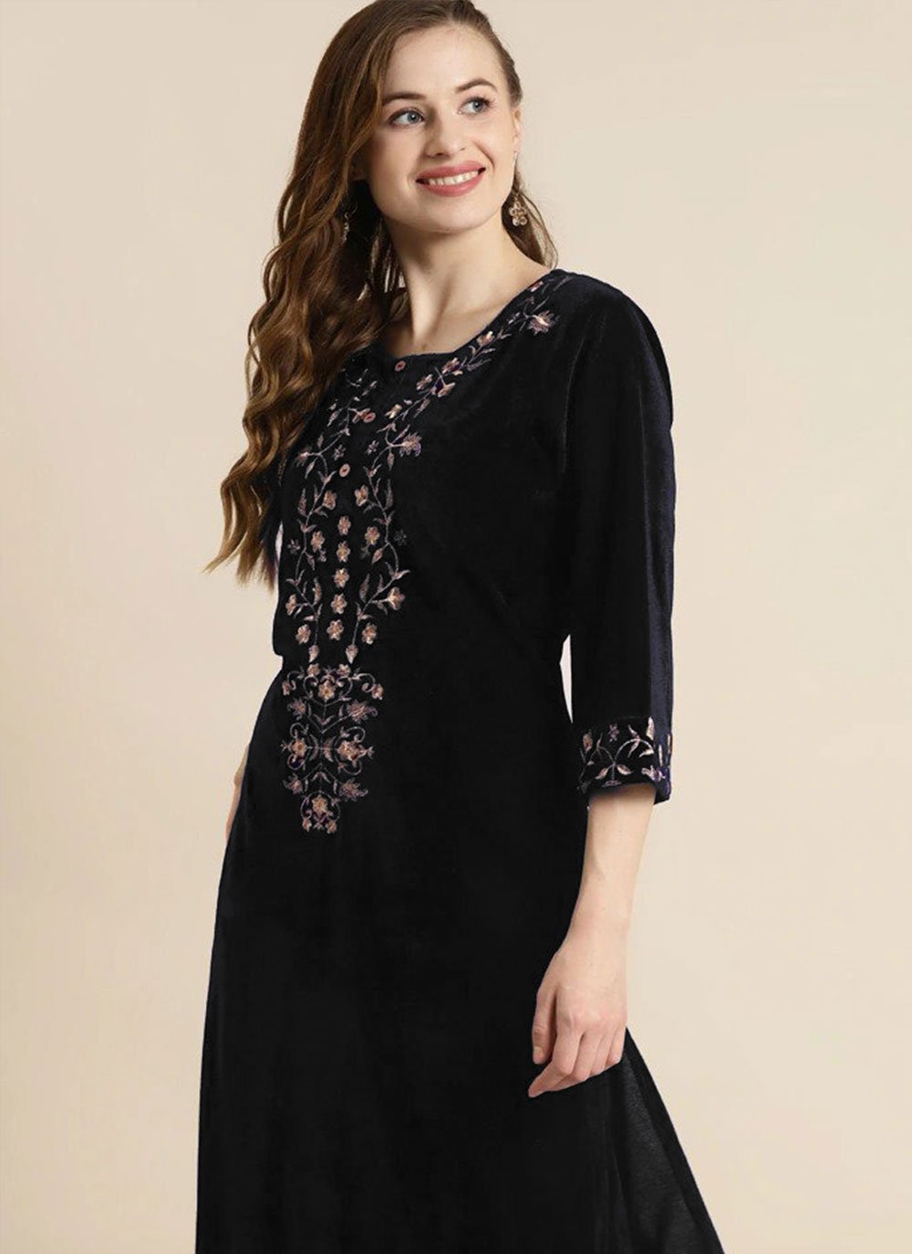 Designer Kurti Velvet Black Embroidered Kurtis