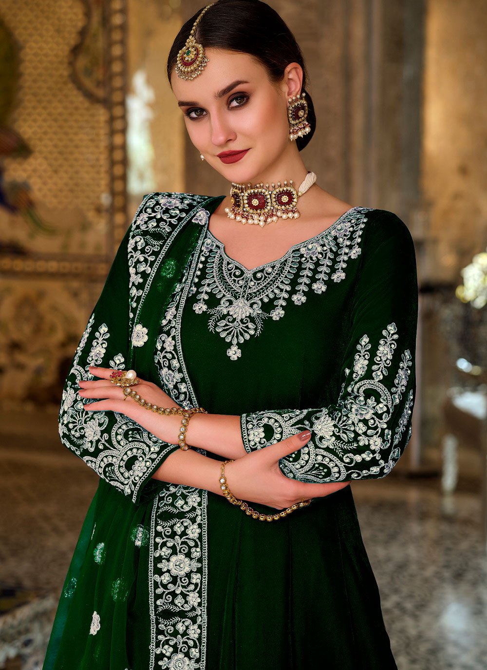 Floor Lenght Salwar Suit Velvet Green Embroidered Salwar Kameez