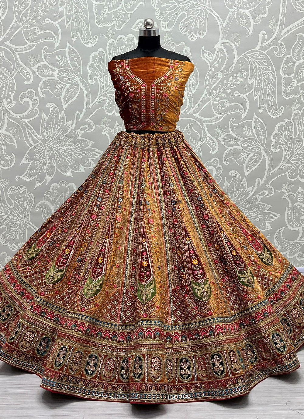 Lehenga Choli Velvet Mustard Diamond Lehenga Choli