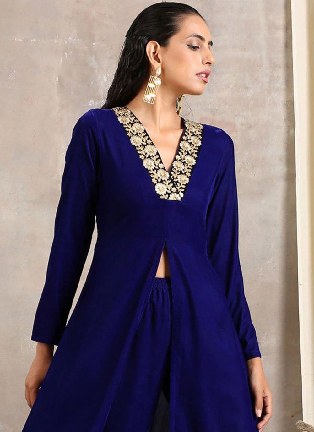 Party Wear Kurti Velvet Blue Embroidered Kurtis