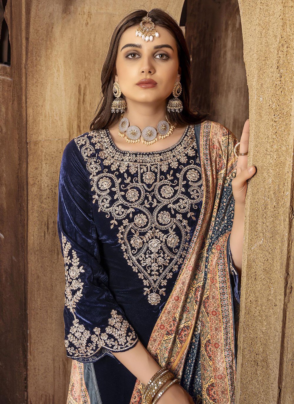 Salwar Suit Velvet Blue Embroidered Salwar Kameez