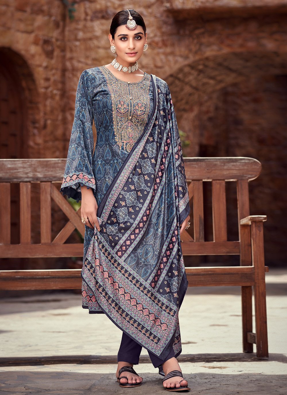 Pant Style Suit Velvet Blue Digital Print Salwar Kameez