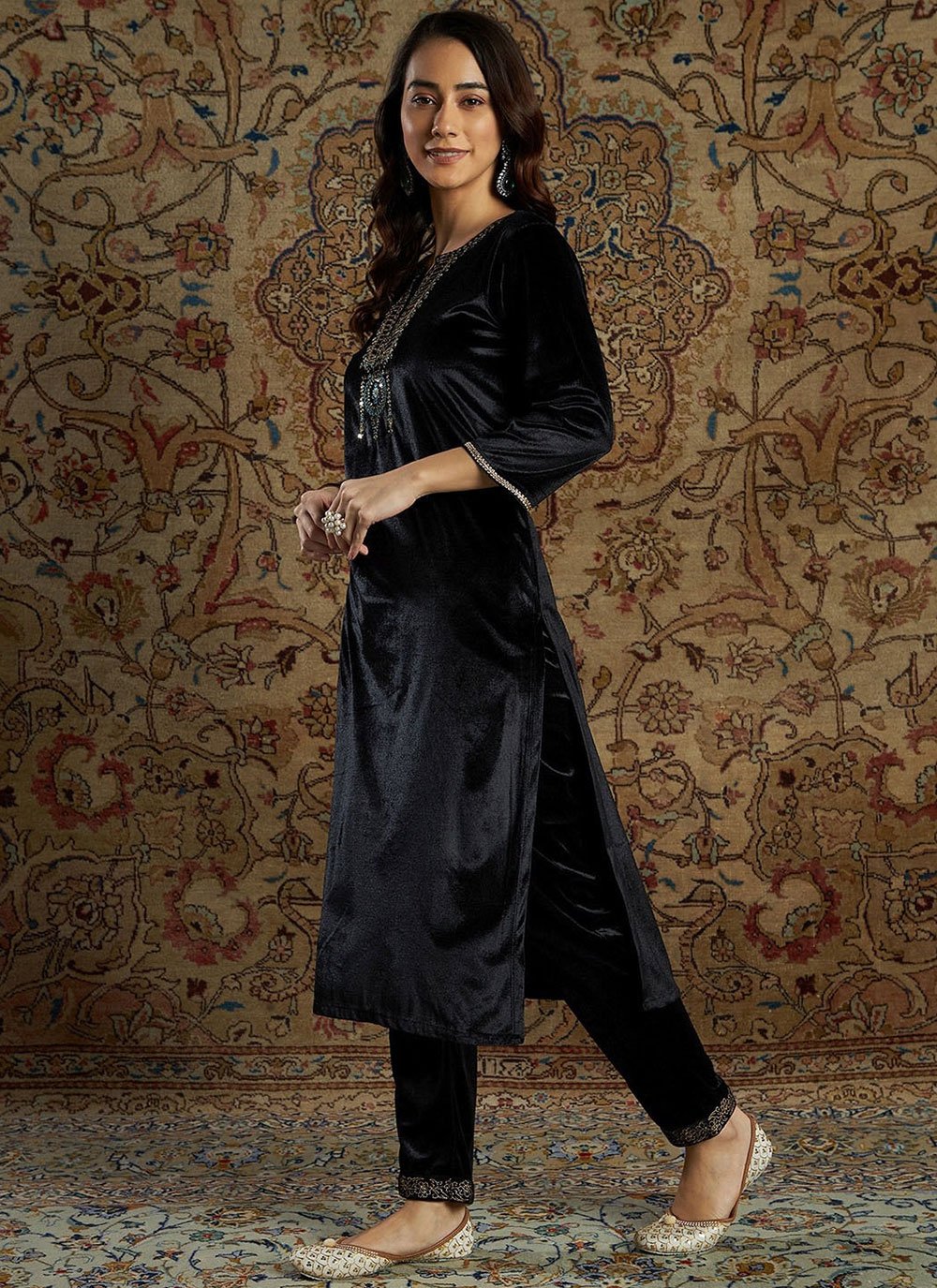 Party Wear Kurti Velvet Black Embroidered Kurtis