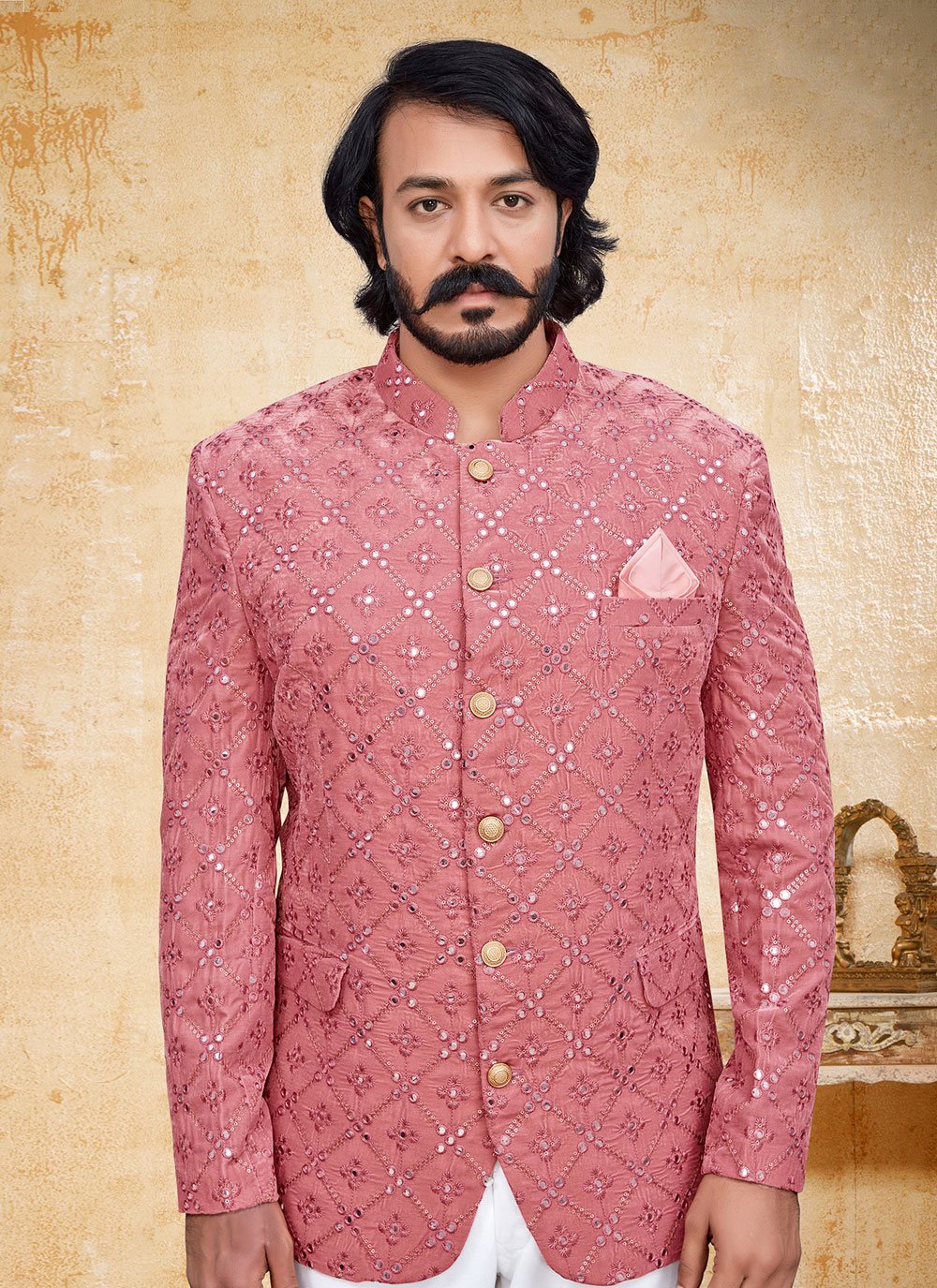 Jodhpuri Suit Velvet Pink Embroidered Mens