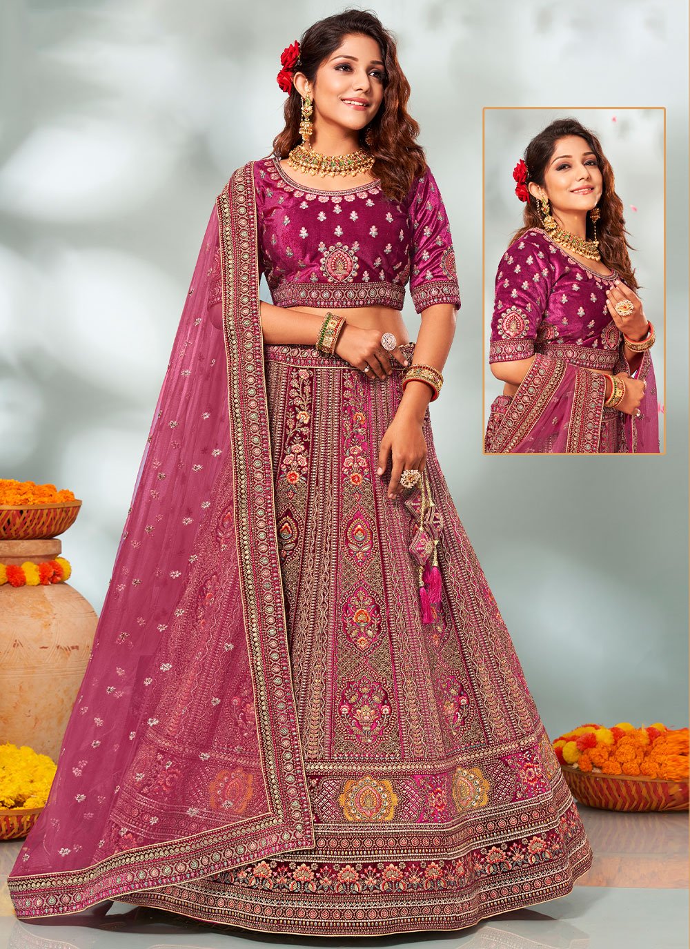 A Line Lehenga Velvet Rani Embroidered Lehenga Choli
