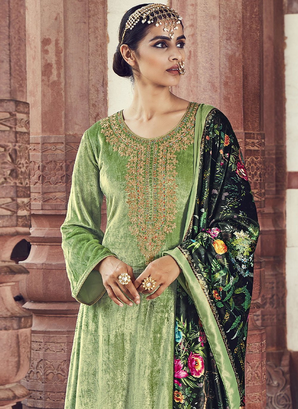 Straight Salwar Suit Velvet Green Embroidered Salwar Kameez