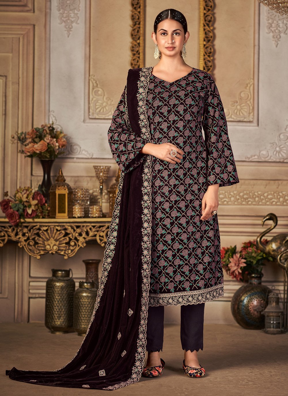 Pant Style Suit Velvet Wine Embroidered Salwar Kameez Kajols Indian Pakistani Fashion Tailoring