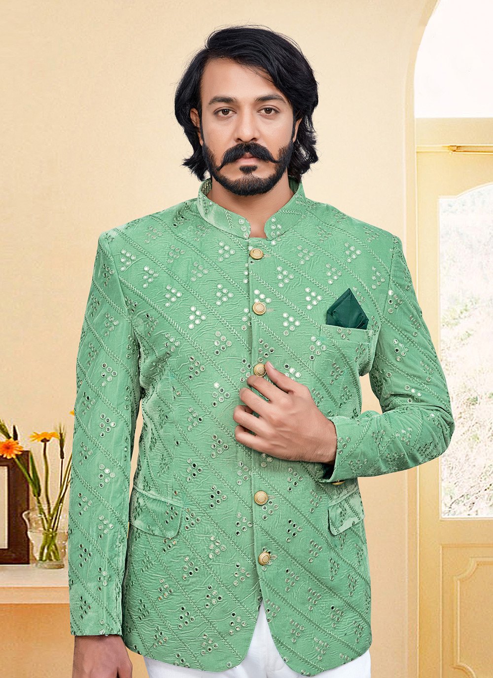 Jodhpuri Suit Velvet Green Embroidered Mens