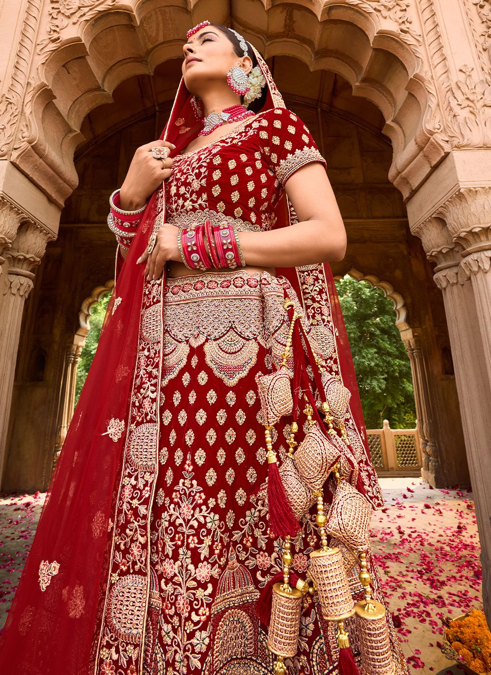 A Line Lehenga Velvet Red Embroidered Lehenga Choli