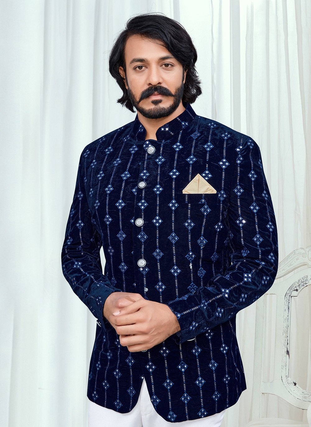 Jodhpuri Suit Velvet Blue Embroidered Mens