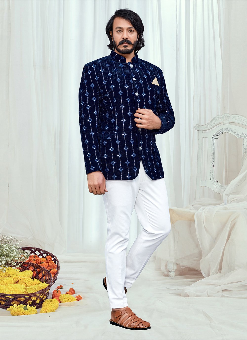 Jodhpuri Suit Velvet Blue Embroidered Mens