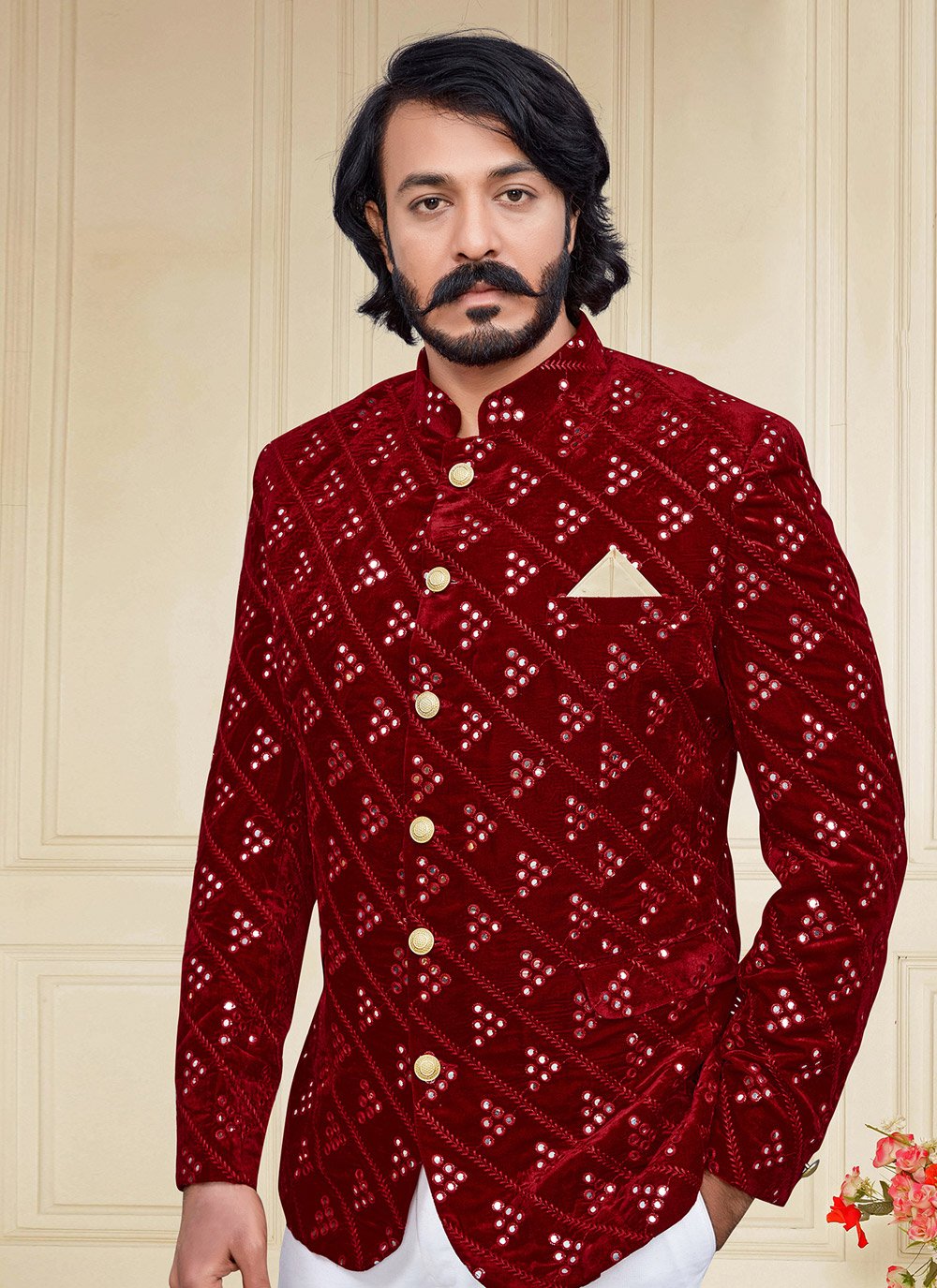 Jodhpuri Suit Velvet Maroon Embroidered Mens