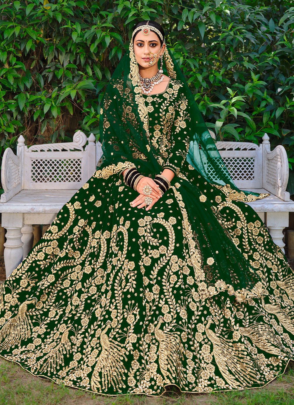 Lehenga Choli Velvet Green Dori Work Lehenga Choli