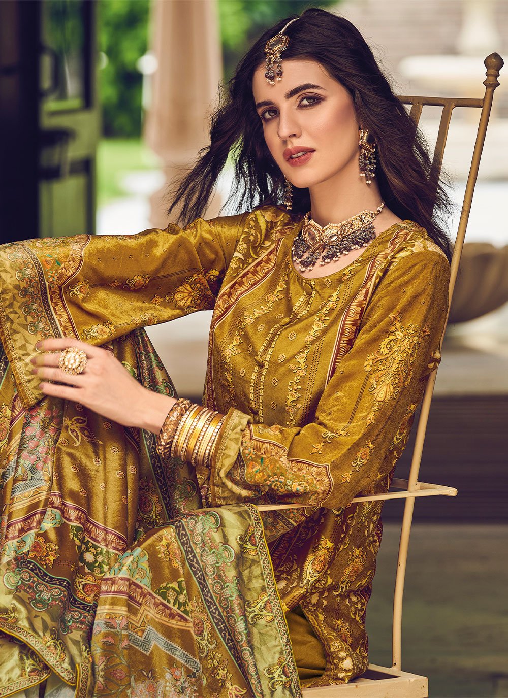 Palazzo Salwar Suit Velvet Mustard Digital Print Salwar Kameez