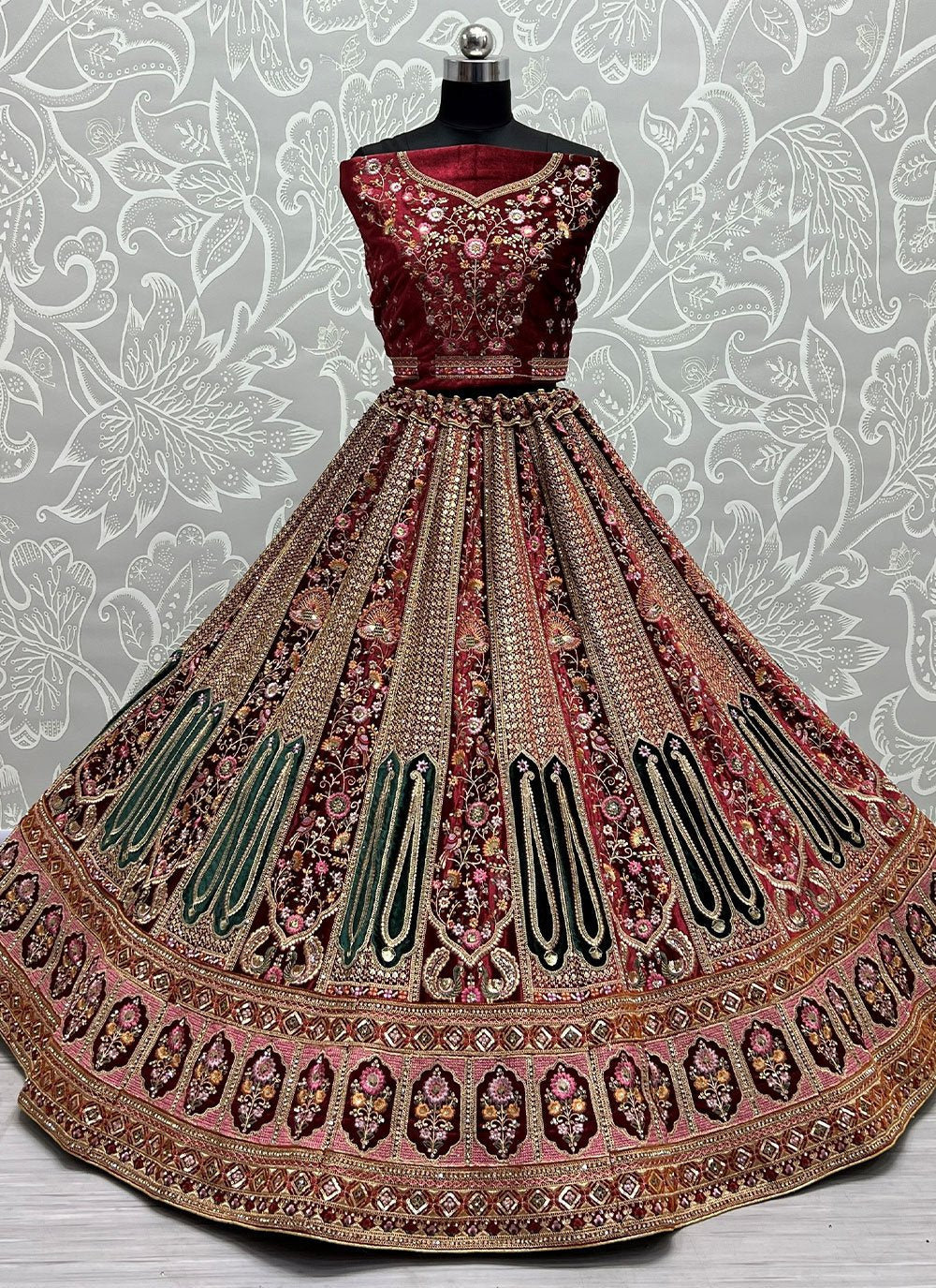 Lehenga Choli Velvet Maroon Diamond Lehenga Choli