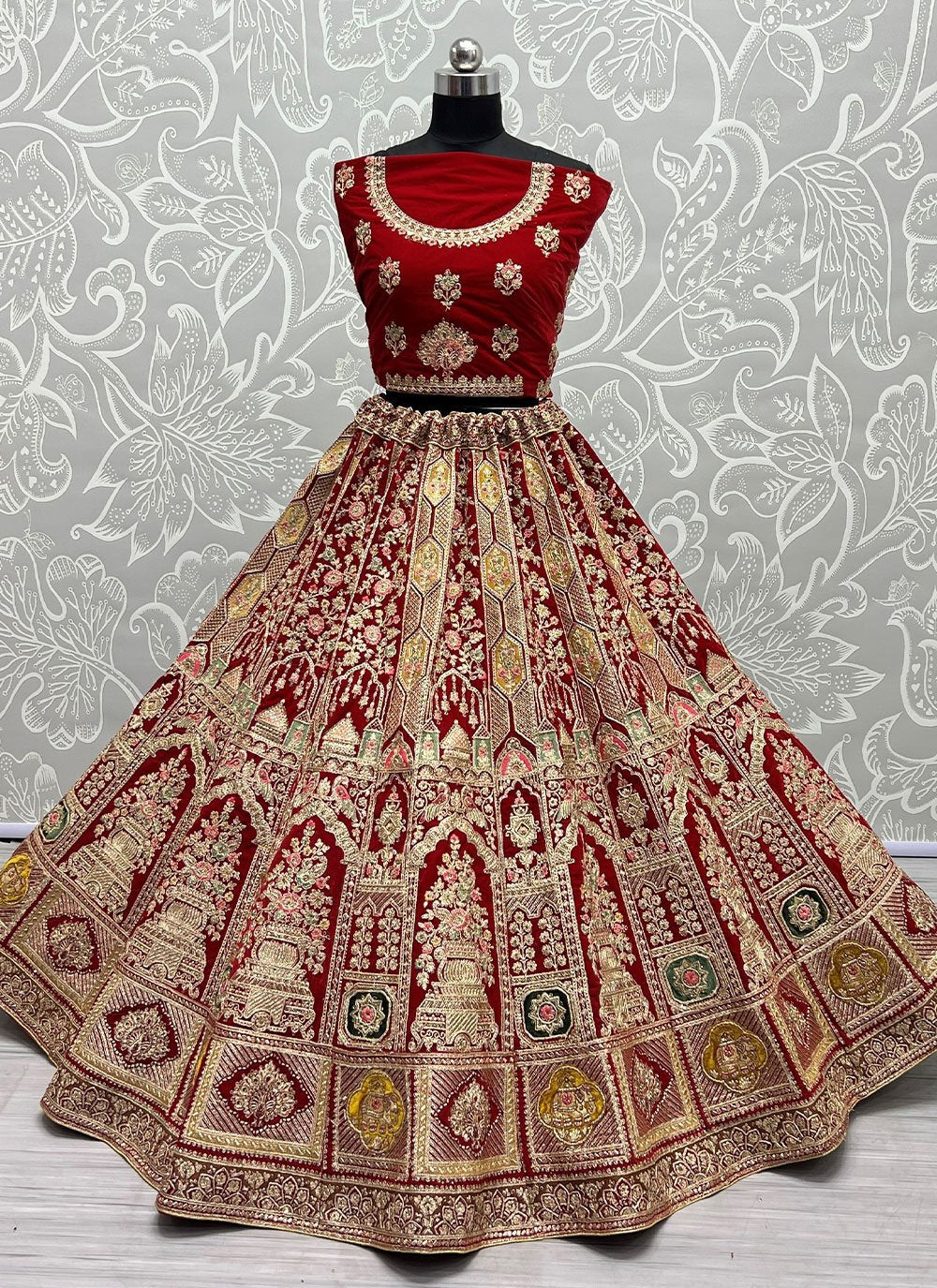 Lehenga Choli Velvet Red Diamond Lehenga Choli
