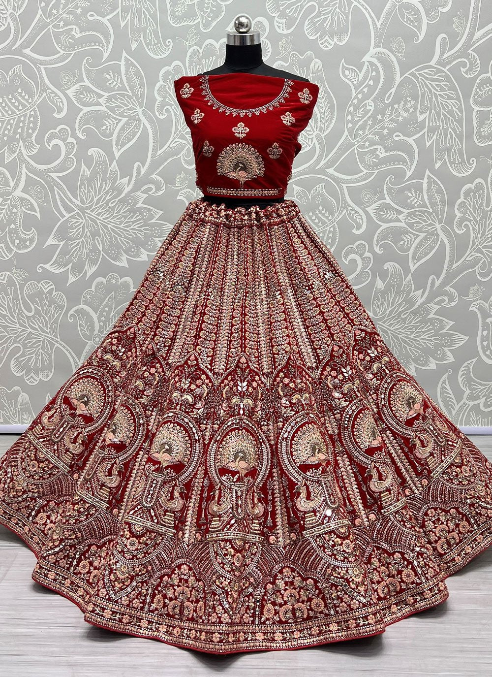 Lehenga Choli Velvet Red Embroidered Lehenga Choli