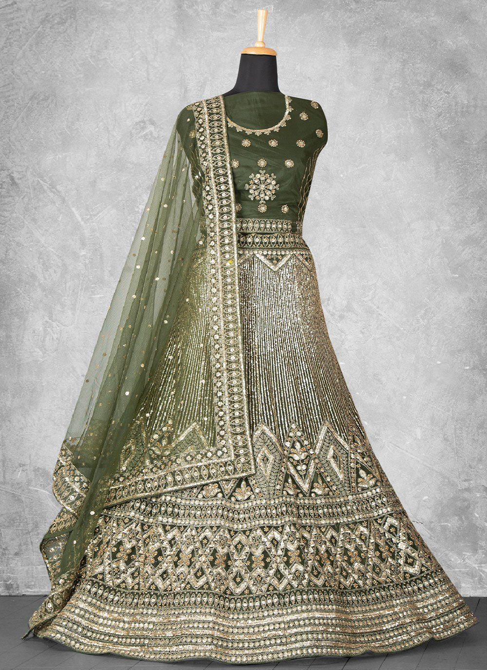 Lehenga Choli Velvet Green Embroidered Lehenga Choli