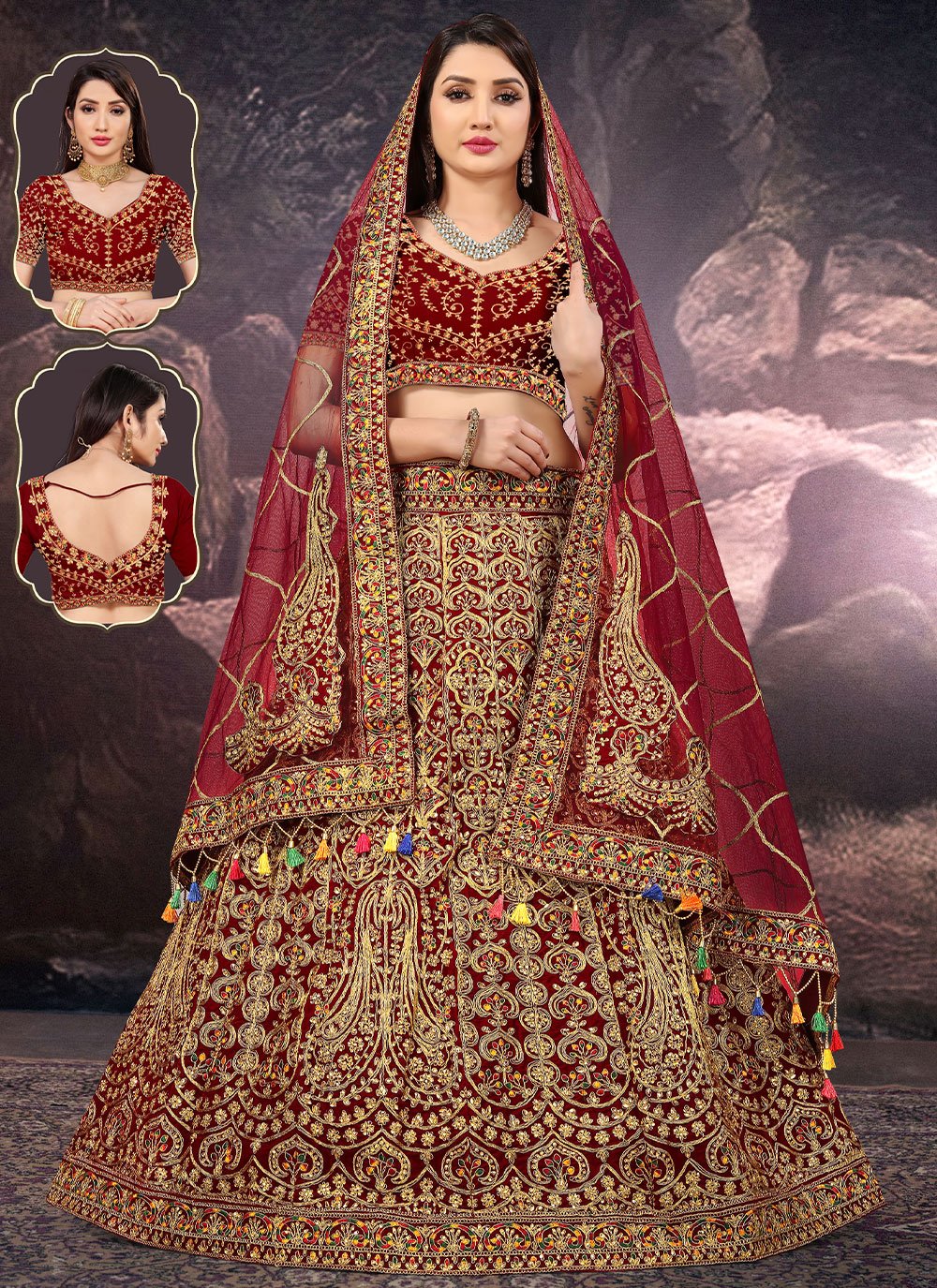 Lehenga Choli Velvet Maroon Embroidered Lehenga Choli