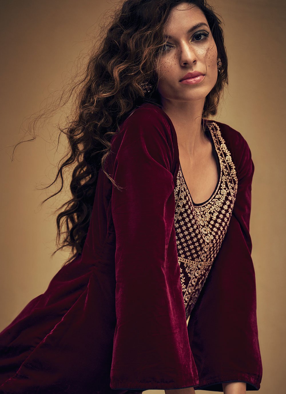 Trendy Suit Velvet Maroon Zari Salwar Kameez