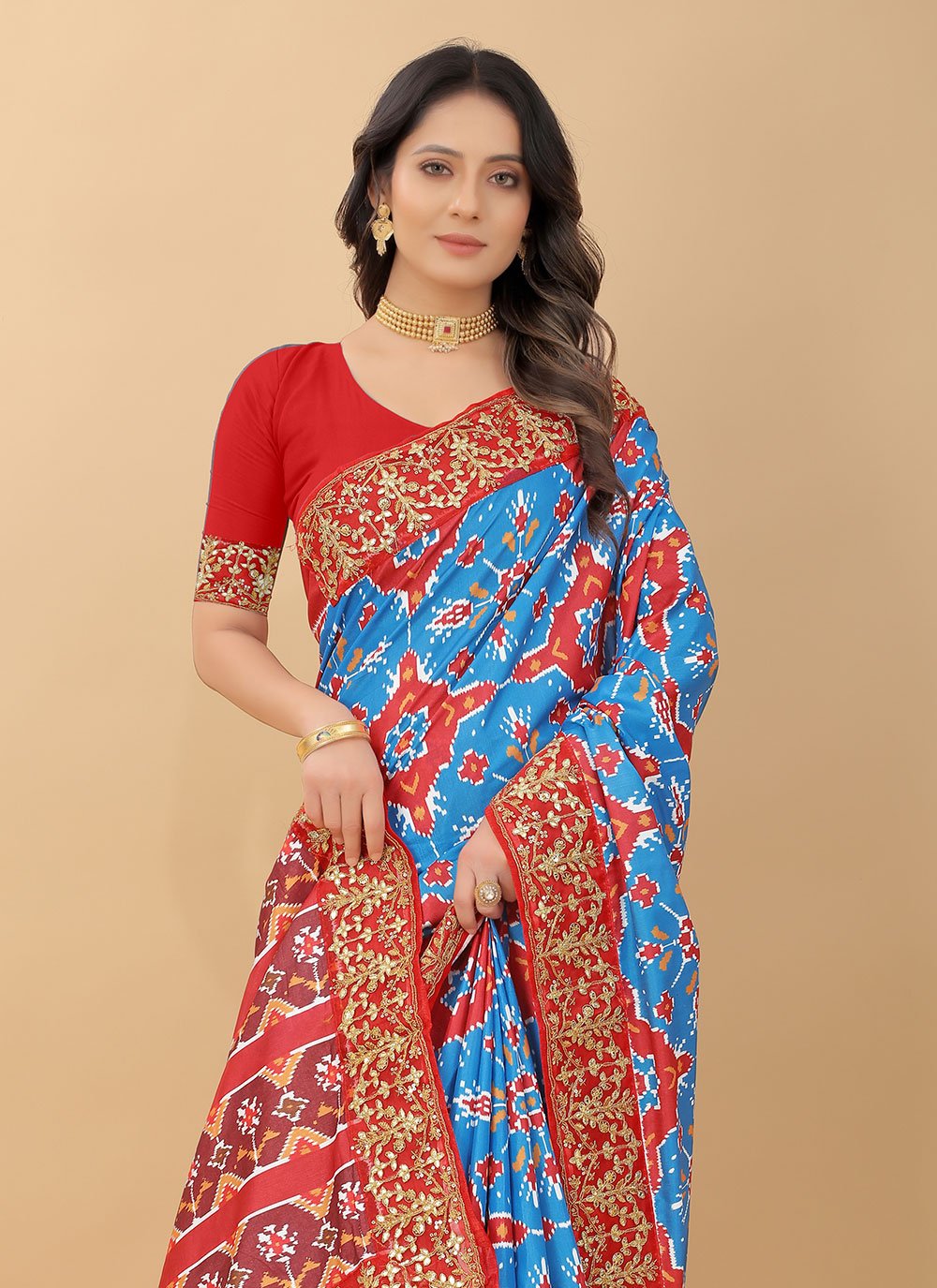 Trendy Saree Vichitra Silk Blue Digital Print Saree