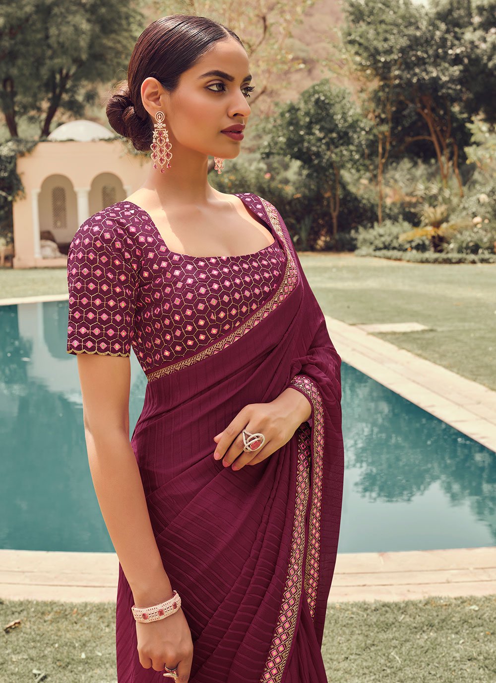 Classic Vichitra Silk Wine Embroidered Saree