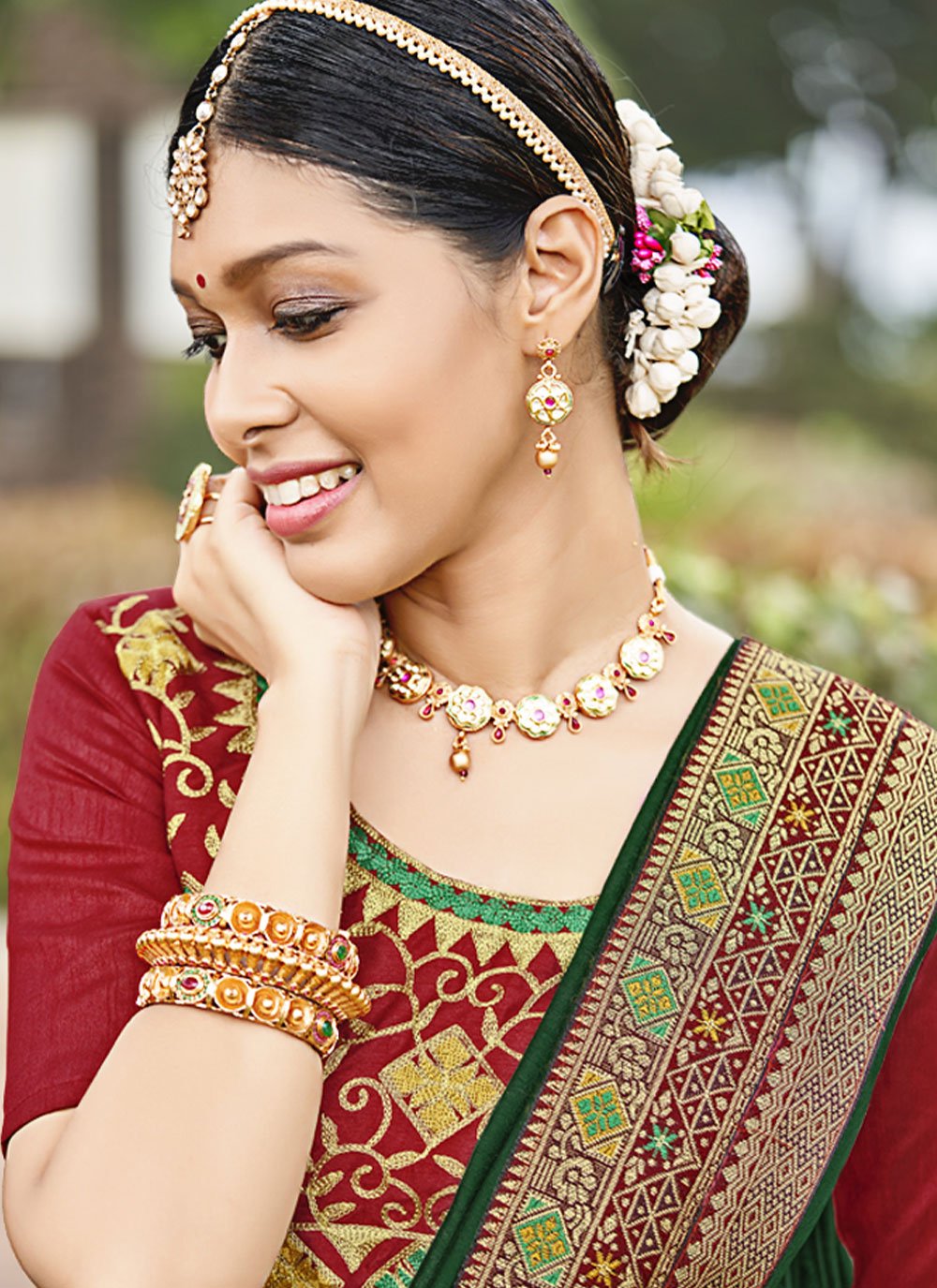 Trendy Saree Vichitra Silk Green Jacquard Work Saree