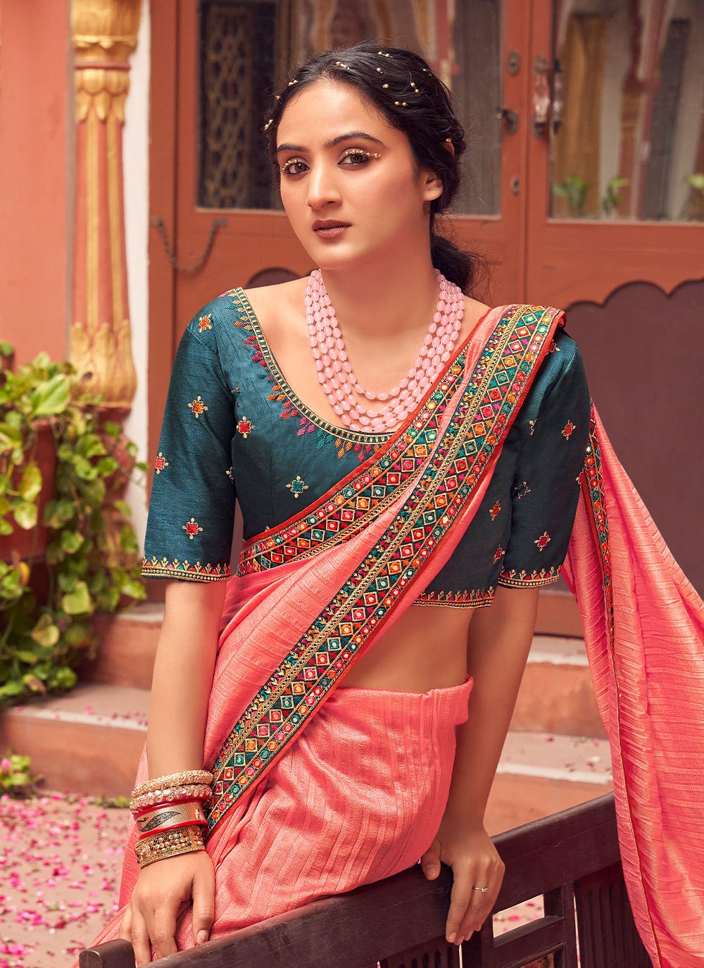 Trendy Saree Vichitra Silk Pink Embroidered Saree